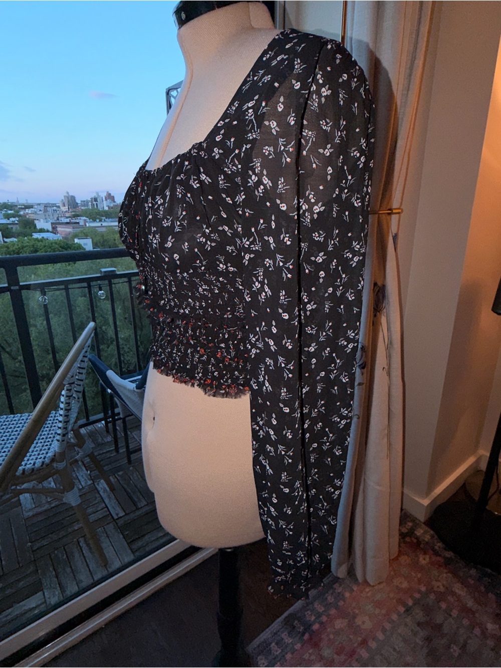 FREE PEOPLE Black Floral Smocked Long-Sleeve Crop Top - Picture 4 of 8